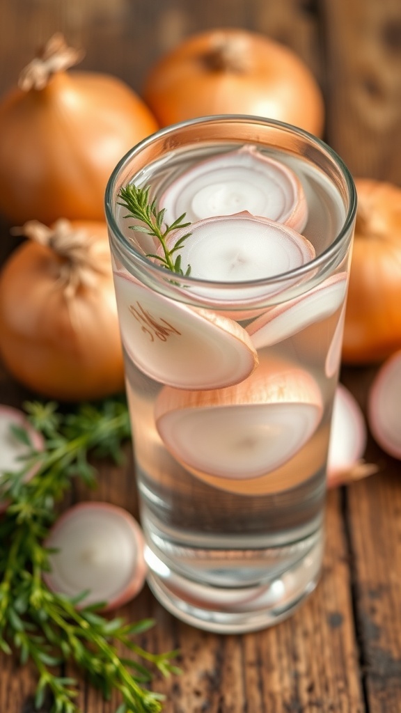 A glass of infused onion water with onion slices, surrounded by whole onions on a wooden table.